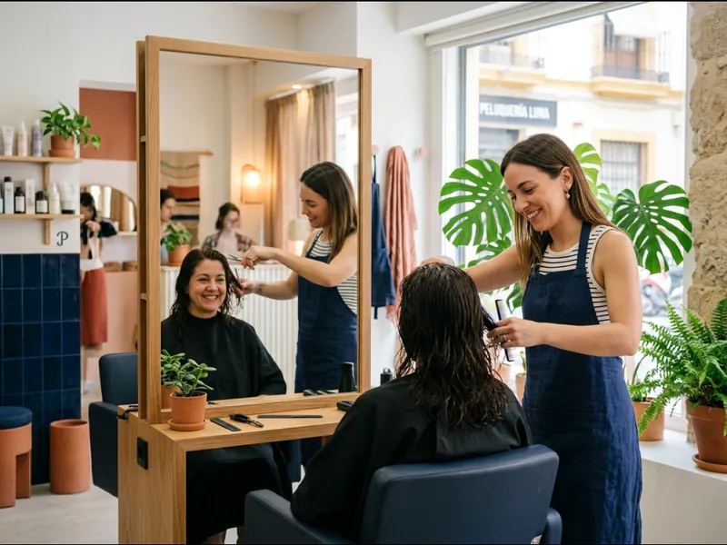 Peluquera atendiendo a una clienta en un salón de peluquería
