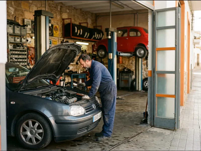 Mecánico revisando un coche en un taller